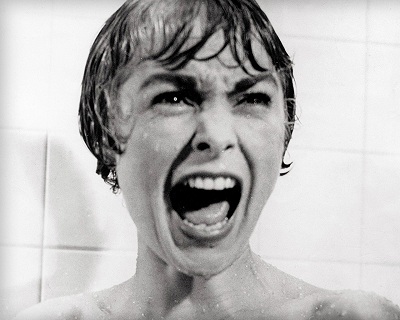 Janet Leigh is just screaming her director's initials in the famous shower scene from Psycho.