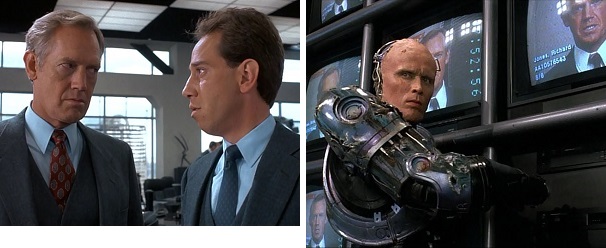 Dick Jones gives a murderous stare to Bob Morton and later gets the same from RoboCop.