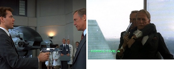 OCP Junior Executive Kenny gets brutally killed by ED-209 and OCP Executive Dick Jones gets brutally killed by RoboCop.