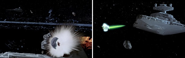 A Star Destroyer gets struck by an asteroid and then another one strikes back.