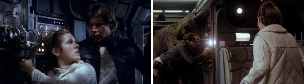 Han interrupts Leia's work and Leia interrupts Han's.