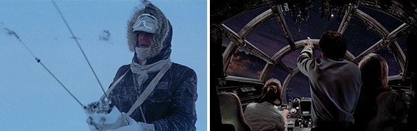Han looks for Luke with radar and Leia looks for Luke with the Force.
