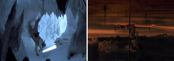 Luke hangs upside before falling to the cave floor and then he hangs upside down after falling down a large shaft.