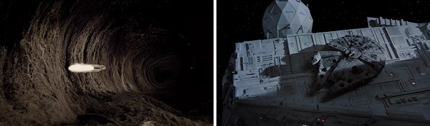 The Millennium Falcon hides inside an asteroid and on the back of a Star Destroyer.