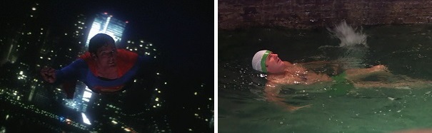 Superman soars through the sky above Metropolis while Lex Luthor swims beneath the city streets.