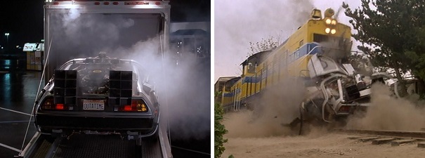 The DeLorean time machine makes its debut and spectacular demise.