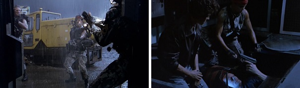 The marines enter the colony armed to the teeth, but Bishop refuses to take even a handgun as he goes to the uplink tower. The marines enter the colony armed to the teeth, but Bishop refuses to take even a handgun as he goes to the uplink tower.