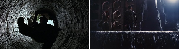 Bruce Wayne falls down into a cave and John Blake rises up in the Batcave.