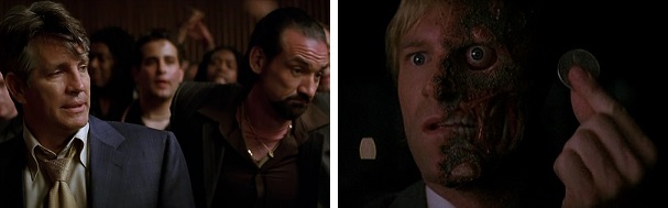 Harvey Dent uses the law to put criminals behind bars and Two-Face uses blind chance to punish criminals.