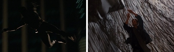 Bruce Wayne jumps off a building and across a ledge to test his mettle.