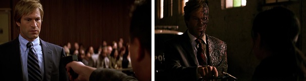 Harvey Dent is attacked by a mobster and then attacks a cop with Mob ties.