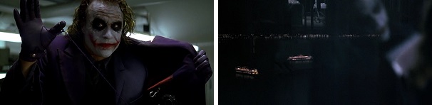 Joker threatens to blow up a roomful of Mob bosses and two boats full of civilians and criminals.