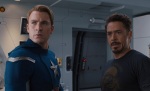 Chris Evans as Captain America chastises Tony Stark for acting just like his previous character, Johnny Storm.
