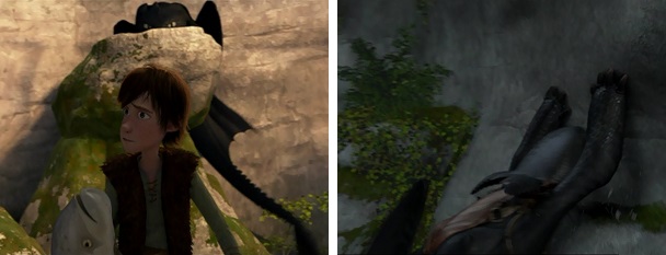 Hiccup goes into Toothless's valley to help him, and Toothless escapes his valley to help Hiccup.