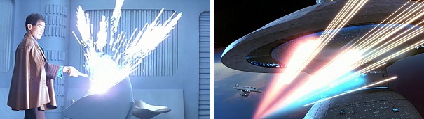 Sulu and Scotty sabotage their pursuers so the Enterprise can make a clean getaway.