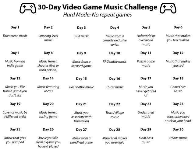 My brothers and I recently completed this fun 30-day video game music challenge.
